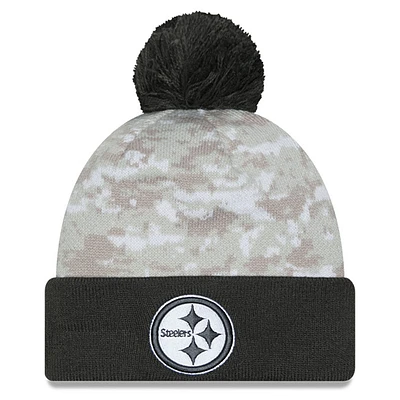 Men's New Era  White/Graphite Pittsburgh Steelers 2024 Salute To Service Digital Camo Cuffed Knit Hat with Pom