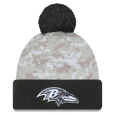 Men's New Era  White/Graphite Baltimore Ravens 2024 Salute To Service Digital Camo Cuffed Knit Hat with Pom