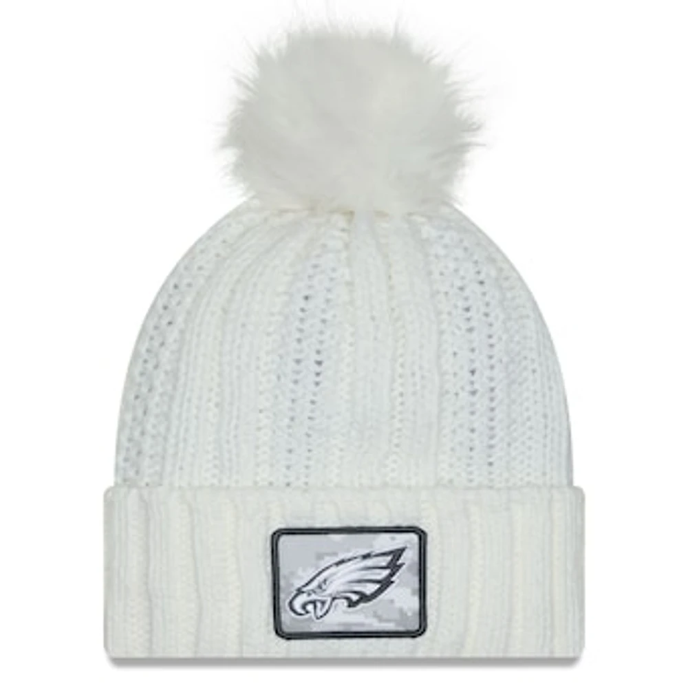 Women's New Era White Philadelphia Eagles 2024 Salute To Service Cuffed Knit Hat with Pom