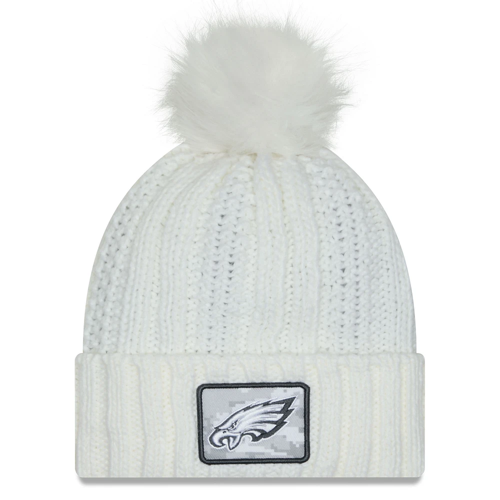 Women's New Era White Philadelphia Eagles 2024 Salute To Service Cuffed Knit Hat with Pom