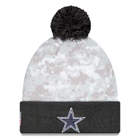 Youth New Era White/Graphite Dallas Cowboys 2024 Salute To Service Cuffed Pom Knit Hat