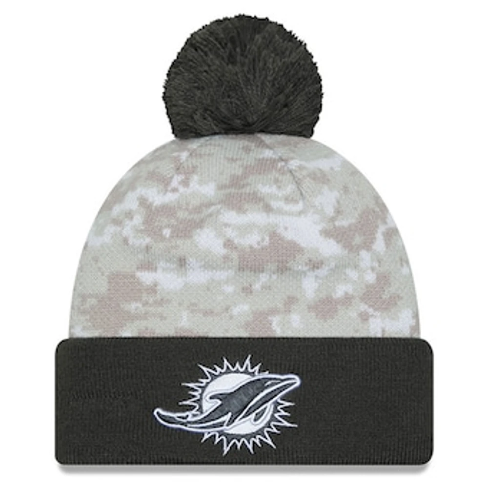 Youth New Era White/Graphite Miami Dolphins 2024 Salute To Service Cuffed Pom Knit Hat