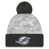 Youth New Era White/Graphite Miami Dolphins 2024 Salute To Service Cuffed Pom Knit Hat