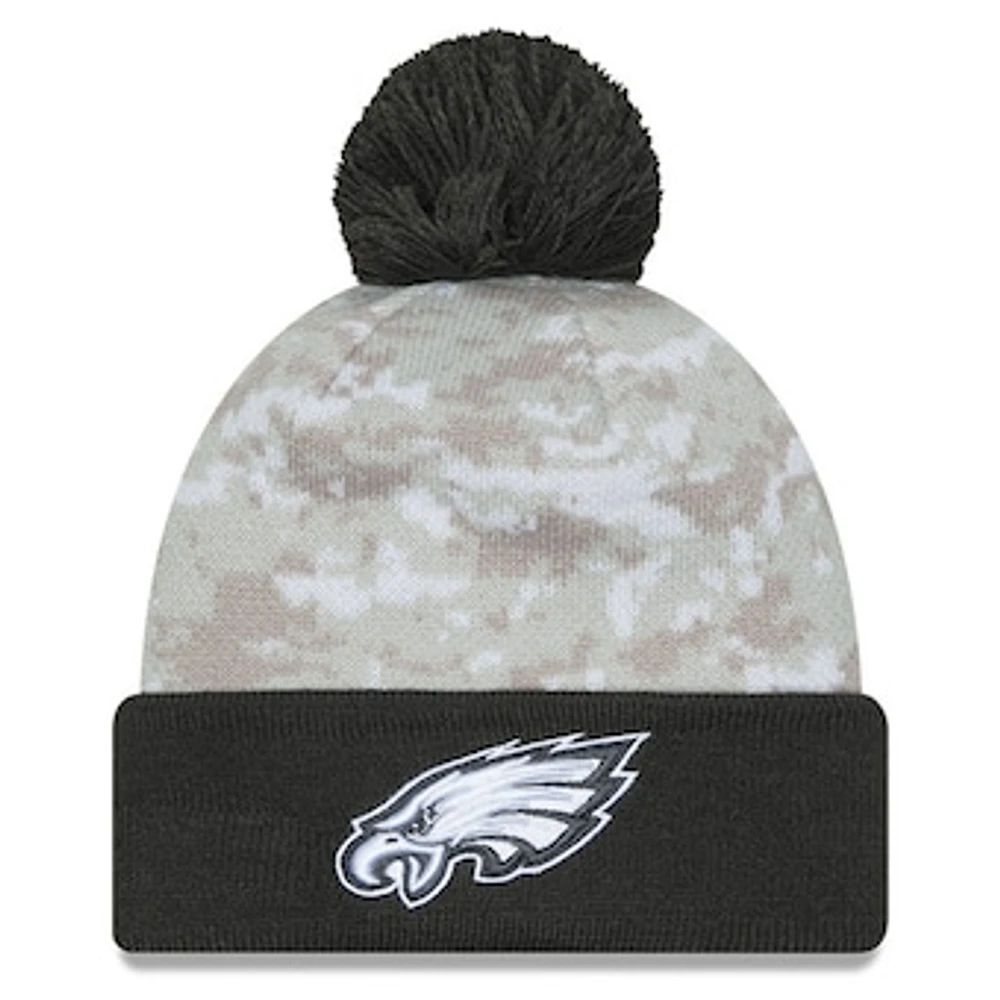 Youth New Era White/Graphite Philadelphia Eagles 2024 Salute To Service Cuffed Pom Knit Hat