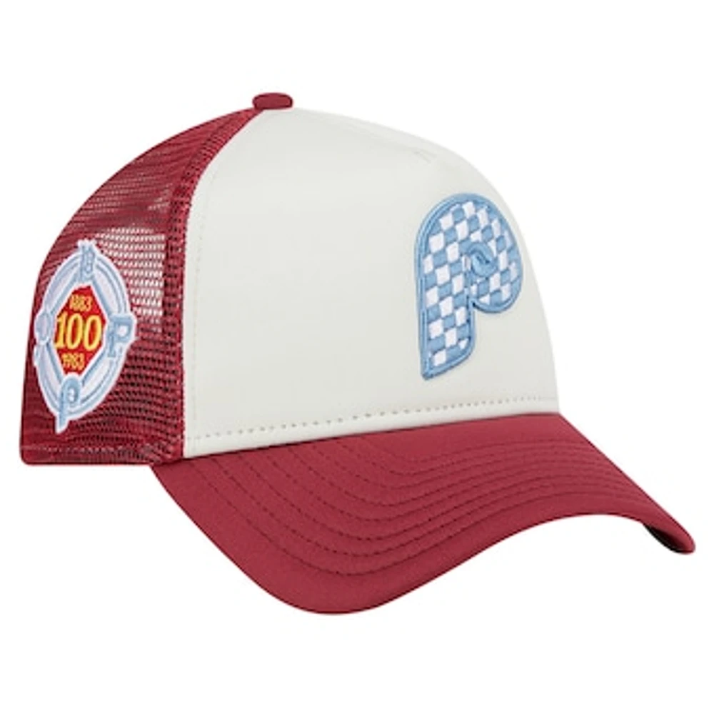 Men's New Era White/Maroon Philadelphia Phillies Checkered Flag A-Frame Trucker 9FORTY Adjustable Hat