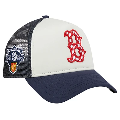 Men's New Era White/Navy Boston Red Sox Checkered Flag A-Frame Trucker 9FORTY Adjustable Hat