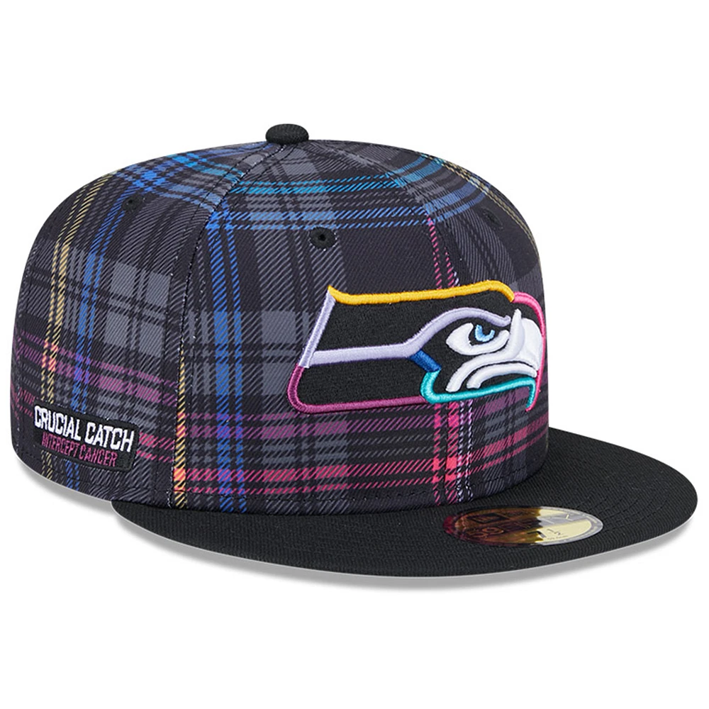 Men's New Era Black Seattle Seahawks 2024 NFL Crucial Catch Plaid 59FIFTY Fitted Hat