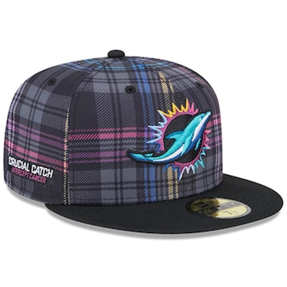 Men's New Era Black Miami Dolphins 2024 NFL Crucial Catch Plaid 59FIFTY Fitted Hat