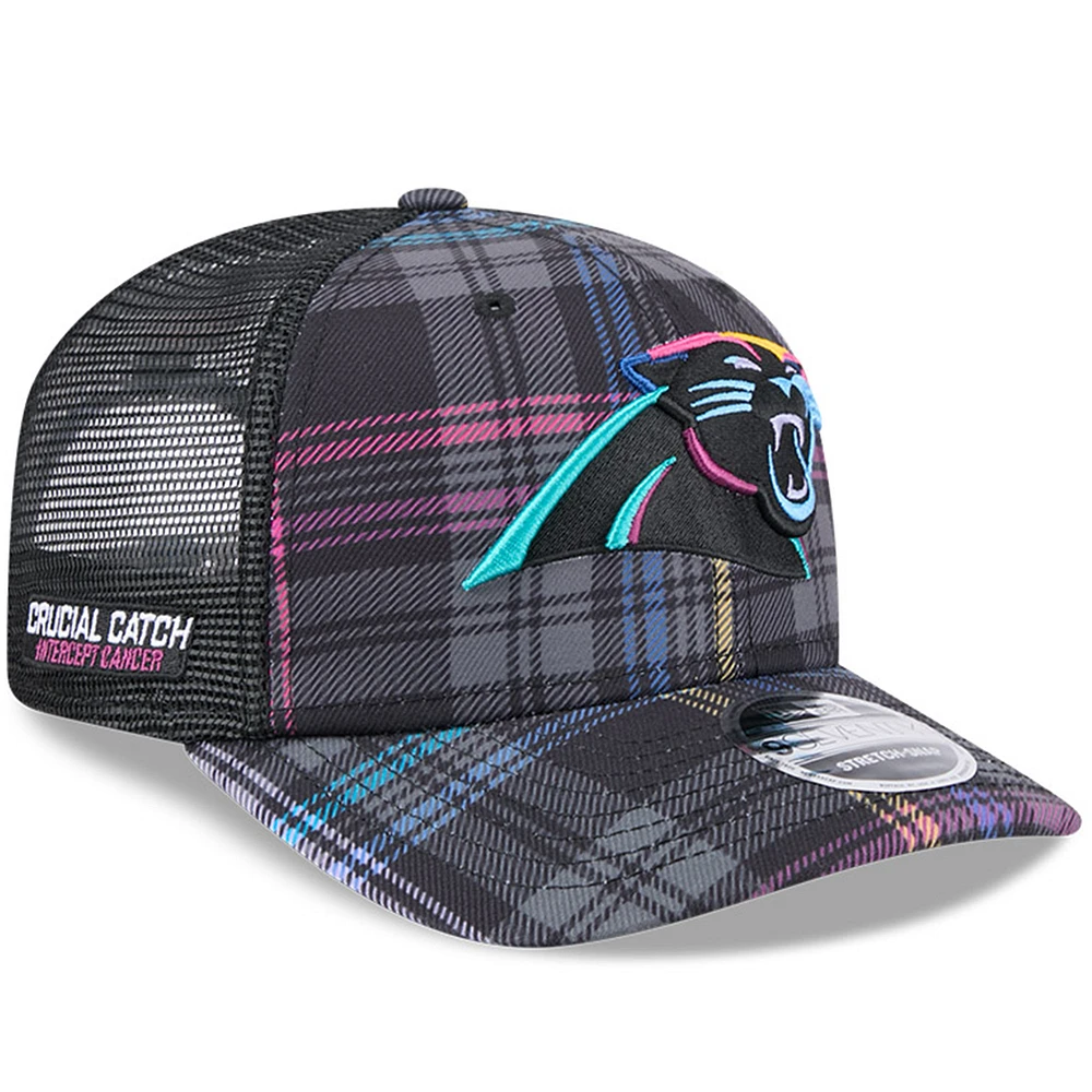 Men's New Era Black Carolina Panthers 2024 NFL Crucial Catch Plaid 9SEVENTY Trucker Snapback Hat