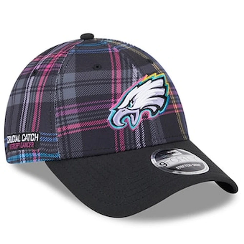 Men's New Era Black Philadelphia Eagles 2024 NFL Crucial Catch Plaid 9FORTY Adjustable Hat