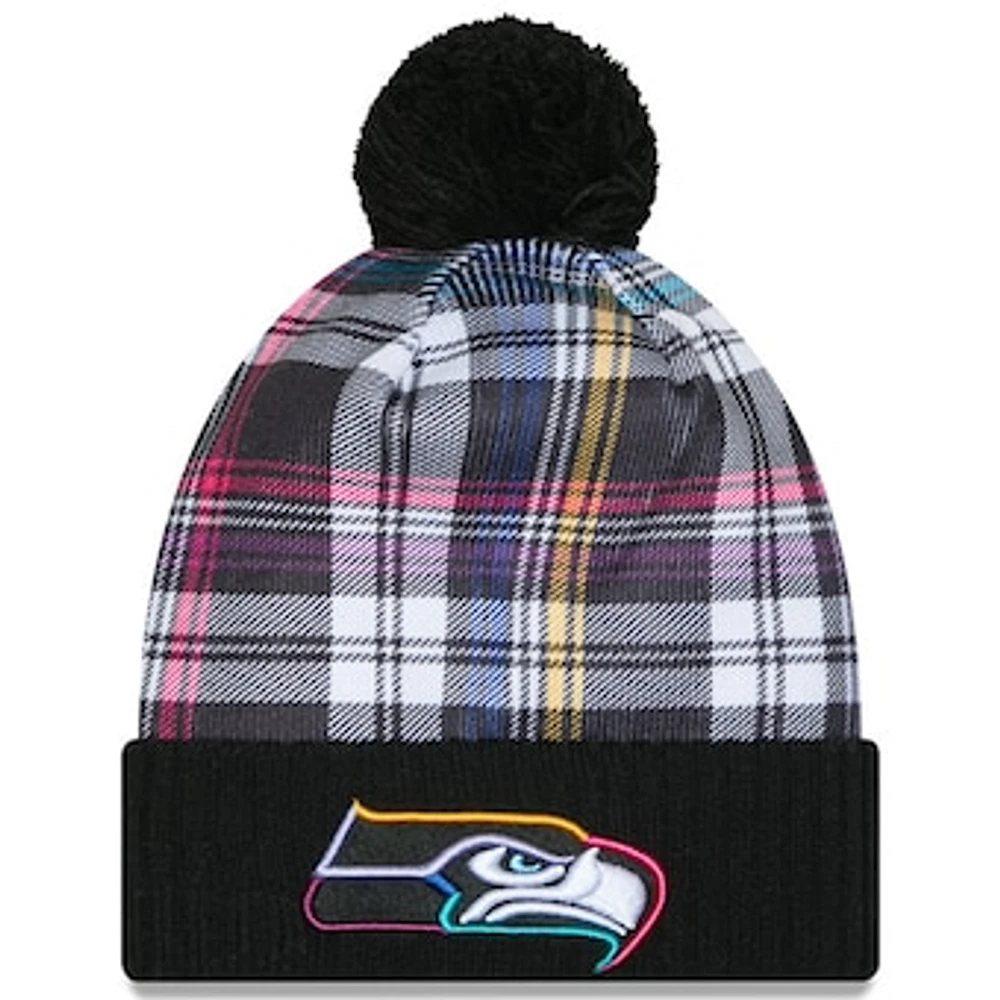 Youth New Era Black Seattle Seahawks 2024 NFL Crucial Catch Plaid Cuffed Pom Knit Hat