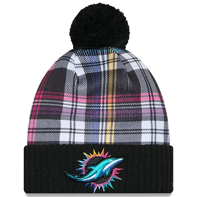 Youth New Era Black Miami Dolphins 2024 NFL Crucial Catch Plaid Cuffed Pom Knit Hat