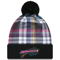 Youth New Era Black Buffalo Bills 2024 NFL Crucial Catch Plaid Cuffed Pom Knit Hat