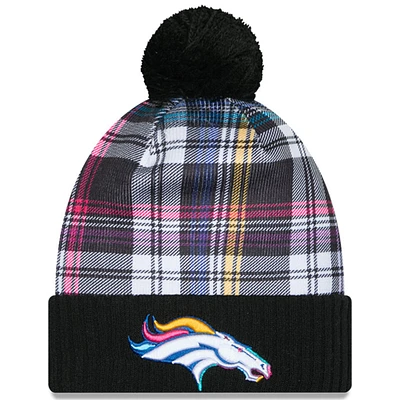 Youth New Era Black Denver Broncos 2024 NFL Crucial Catch Plaid Cuffed Pom Knit Hat