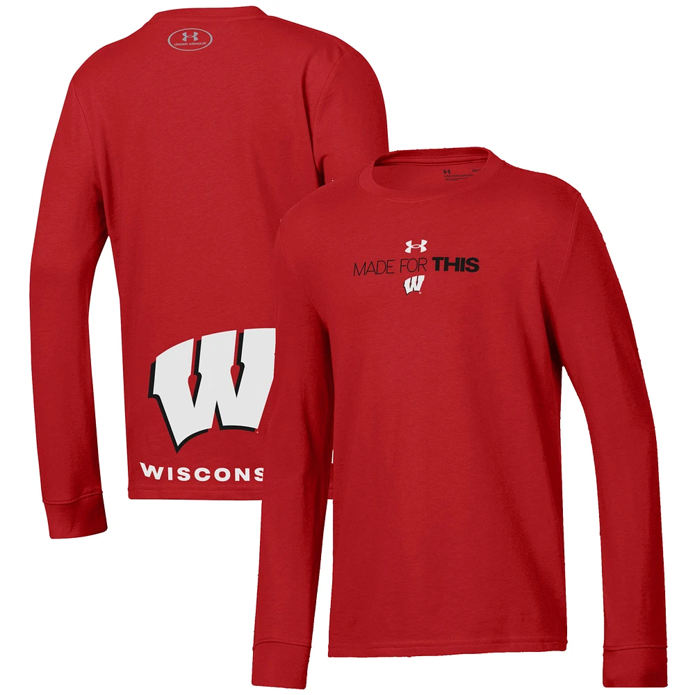 Youth Under Armour  Red Wisconsin Badgers 2024 On-Court Bench Unity Performance Long Sleeve T-Shirt