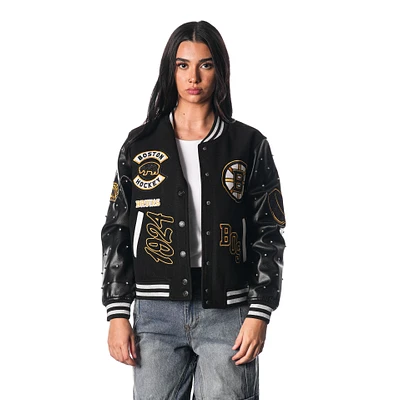 Women's The Wild Collective Black Boston Bruins Full-Snap Varsity  Jacket