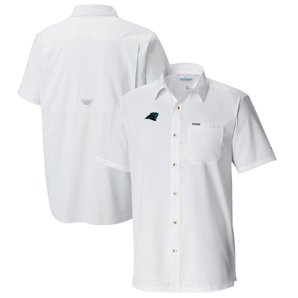 Men's Columbia White Carolina Panthers Slack Tide Omni-Wick Button-Up Camp Shirt