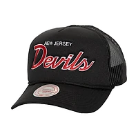 Men's Mitchell & Ness Black New Jersey Devils Script Side Patch Trucker Adjustable Hat