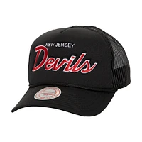 Men's Mitchell & Ness Black New Jersey Devils Script Side Patch Trucker Adjustable Hat