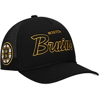 Men's Mitchell & Ness Black Boston Bruins Script Side Patch Trucker Adjustable Hat