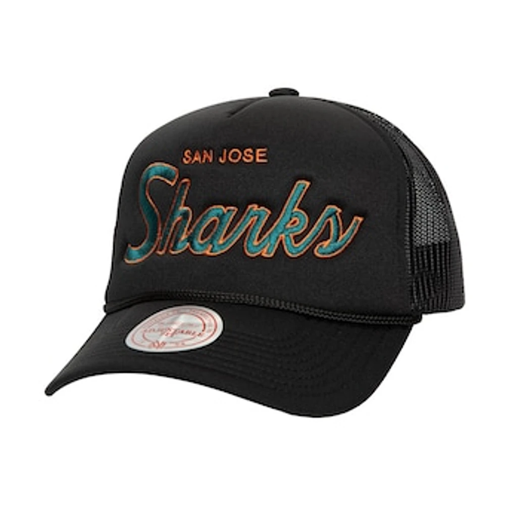 Men's Mitchell & Ness Black San Jose Sharks Script Side Patch Trucker Adjustable Hat