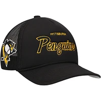 Men's Mitchell & Ness Black Pittsburgh Penguins Script Side Patch Trucker Adjustable Hat