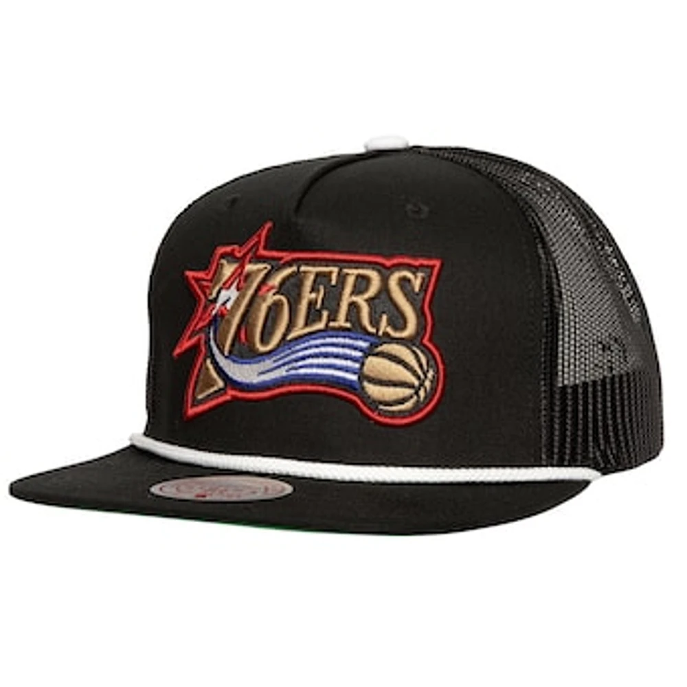 Men's Mitchell & Ness Black Philadelphia 76ers Roper Meshback Trucker Snapback Hat