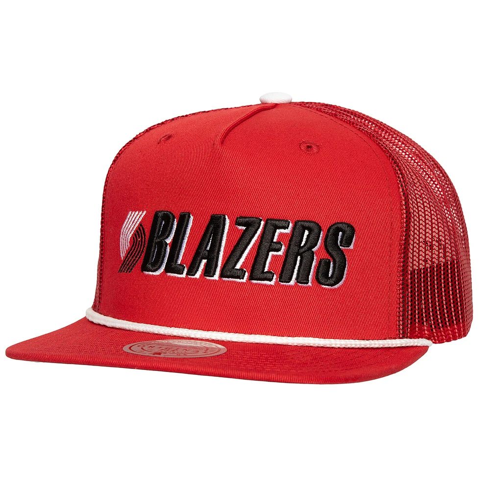 Men's Mitchell & Ness Red Portland Trail Blazers Roper Meshback Trucker Snapback Hat