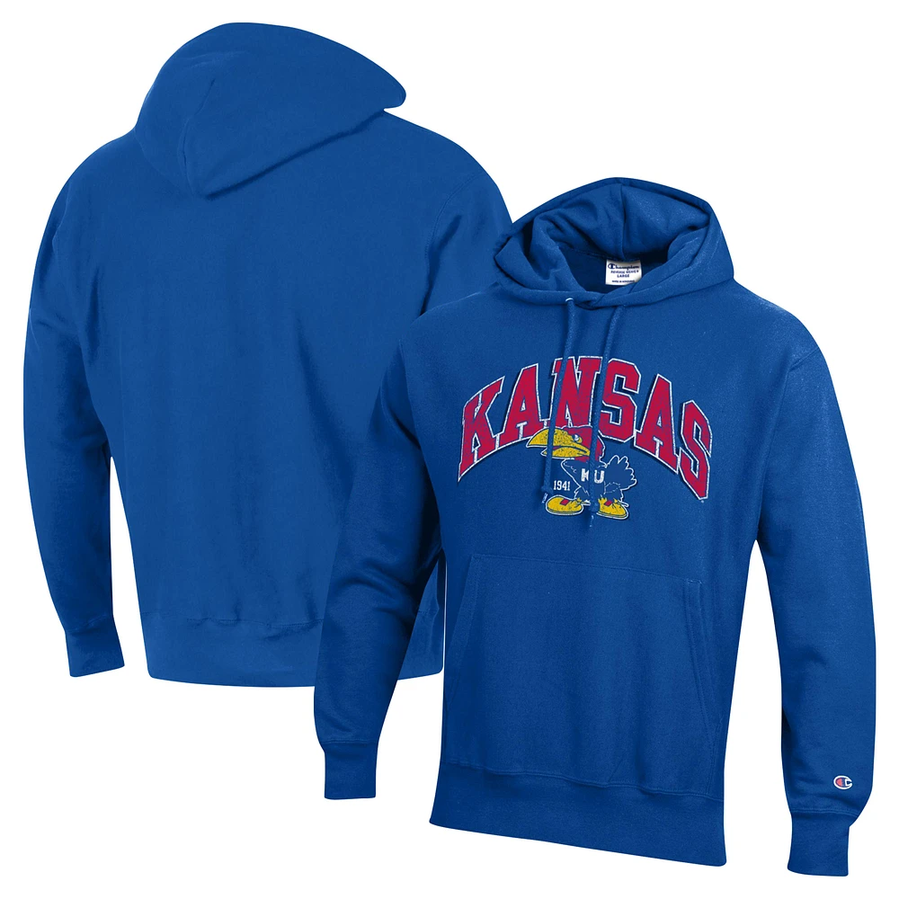 Men's Champion Royal Kansas Jayhawks Vault Late Night Reverse Weave Pullover Hoodie