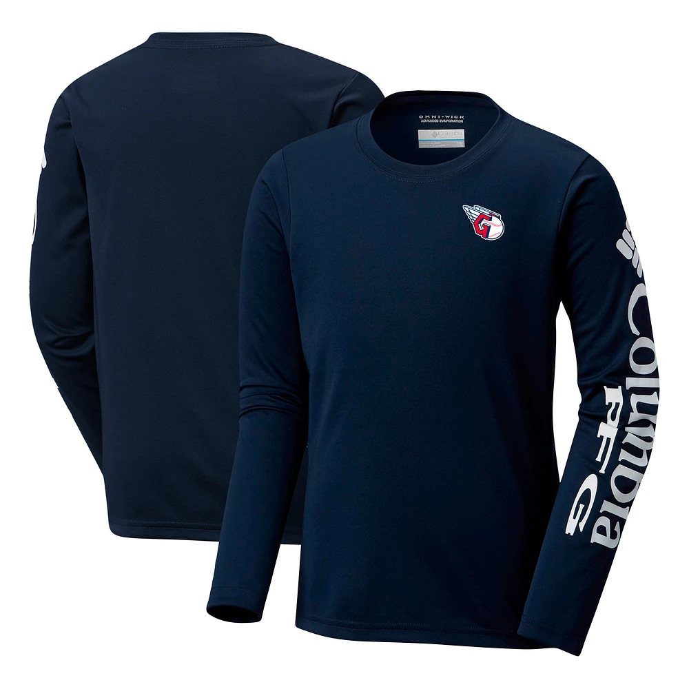 Youth Columbia Navy Cleveland Guardians Terminal Tackle Long Sleeve T-Shirt