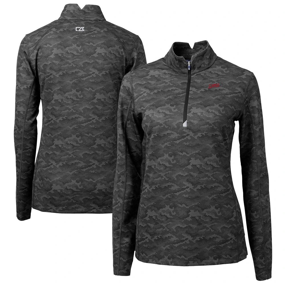 Women's Cutter & Buck Black SMU Mustangs Vault DryTec Traverse Camo Print Stretch Quarter-Zip Top