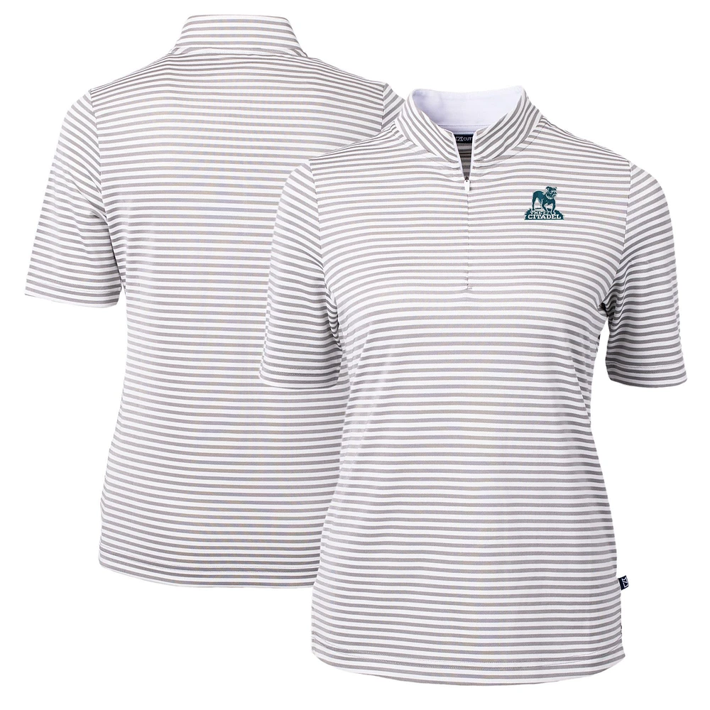 Women's Cutter & Buck Gray Citadel Bulldogs Vault DryTec Virtue Eco Pique Stripe Recycled Top