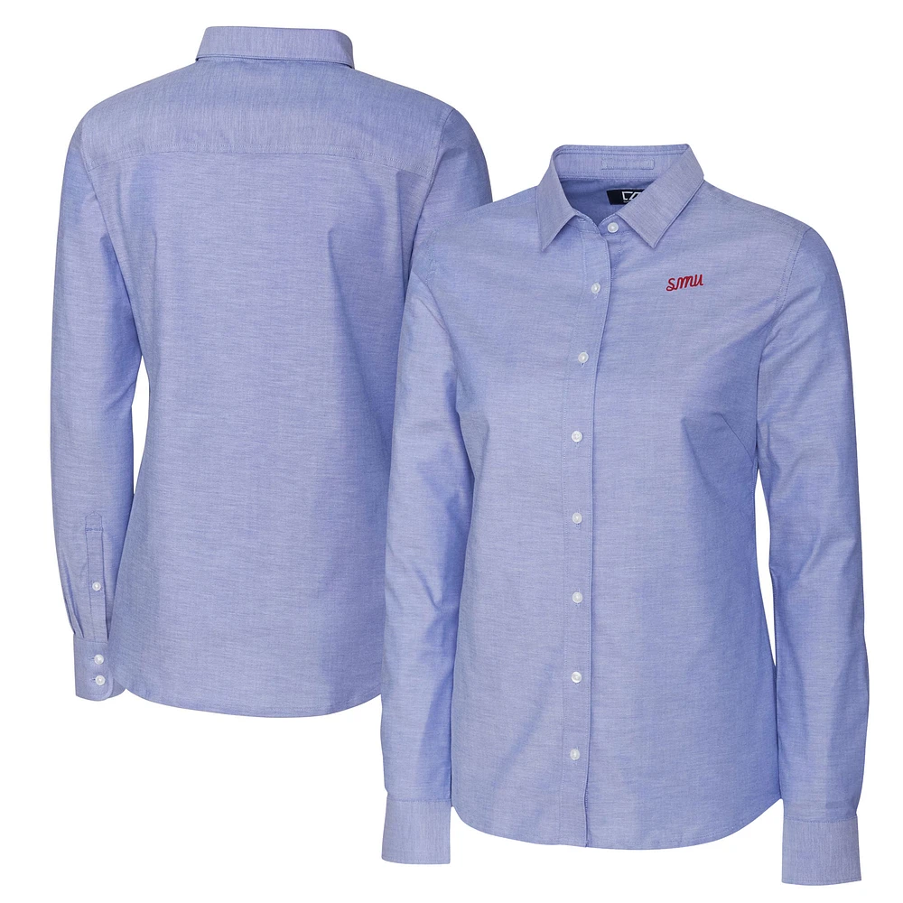 Women's Cutter & Buck Royal SMU Mustangs Vault Stretch Oxford Long Sleeve Tri-Blend Button-Up Dress Shirt