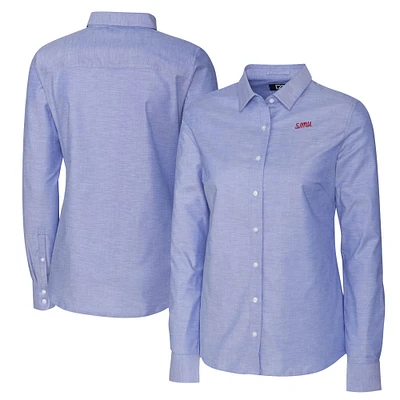Women's Cutter & Buck  Royal SMU Mustangs Vault Stretch Oxford Long Sleeve Tri-Blend Button-Up Dress Shirt