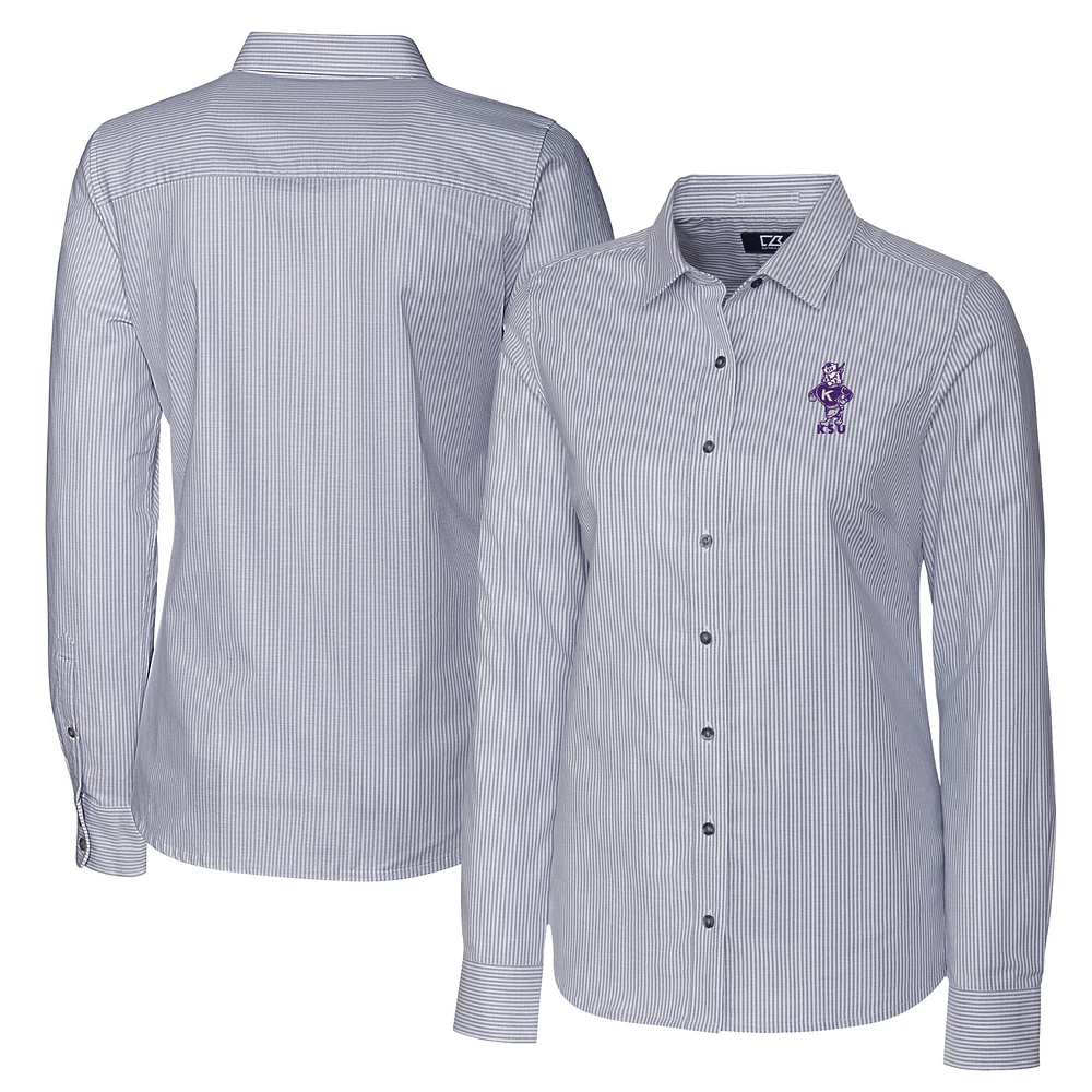Women's Cutter & Buck Charcoal Kansas State Wildcats Vault Stretch Oxford Stripe Long Sleeve Tri-Blend Button-Up Dress Shirt