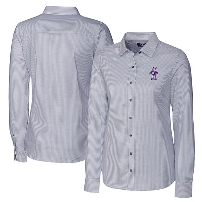Women's Cutter & Buck  Charcoal Kansas State Wildcats Vault Stretch Oxford Stripe Long Sleeve Tri-Blend Button-Up Dress Shirt
