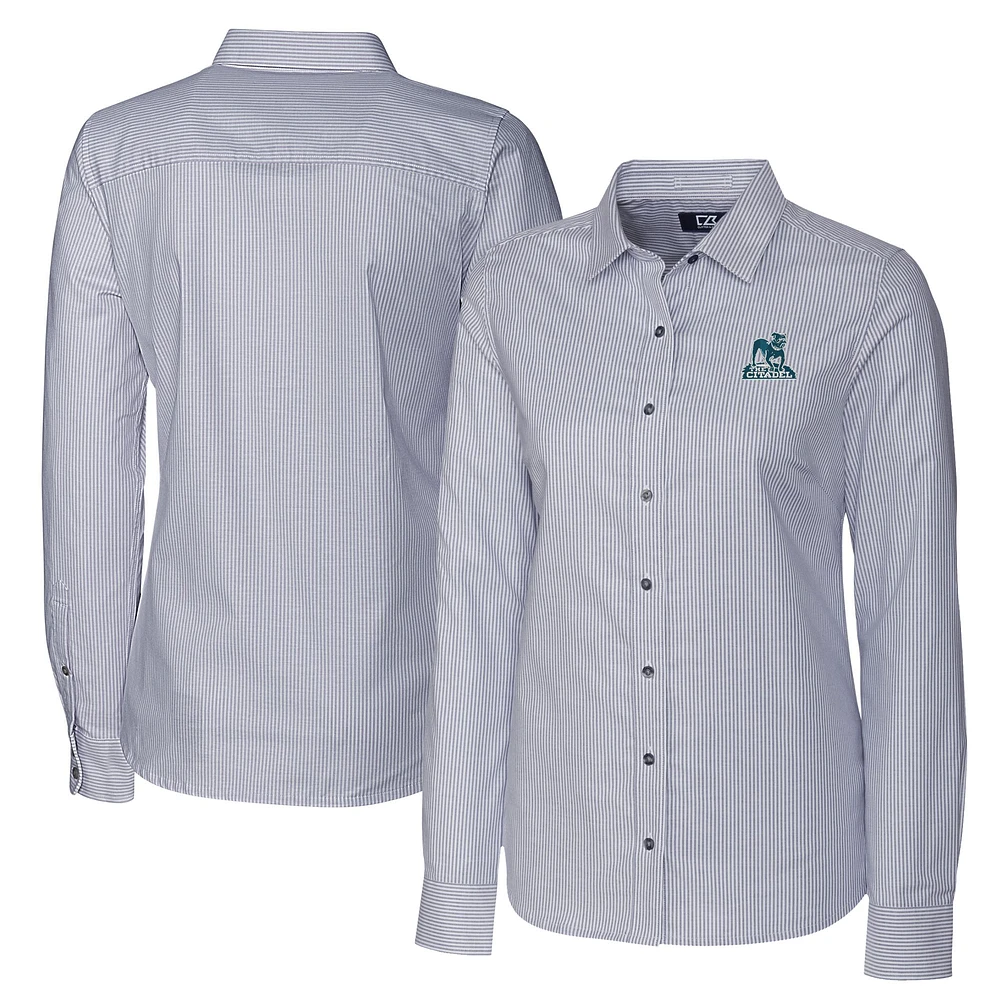 Women's Cutter & Buck Charcoal Citadel Bulldogs Vault Stretch Oxford Stripe Long Sleeve Tri-Blend Button-Up Dress Shirt