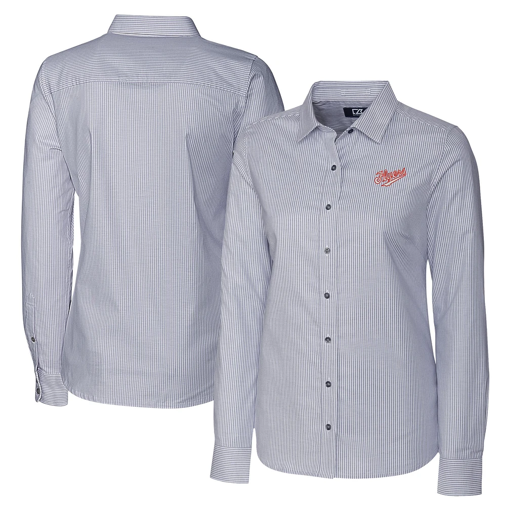 Women's Cutter & Buck Charcoal Dayton Flyers Vault Stretch Oxford Stripe Long Sleeve Tri-Blend Button-Up Dress Shirt