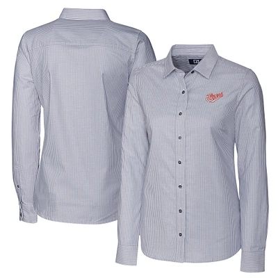 Women's Cutter & Buck  Charcoal Dayton Flyers Vault Stretch Oxford Stripe Long Sleeve Tri-Blend Button-Up Dress Shirt