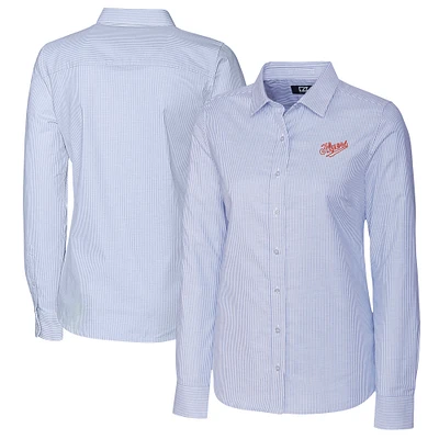 Women's Cutter & Buck  Light Blue Dayton Flyers Vault Stretch Oxford Stripe Long Sleeve Tri-Blend Button-Up Dress Shirt