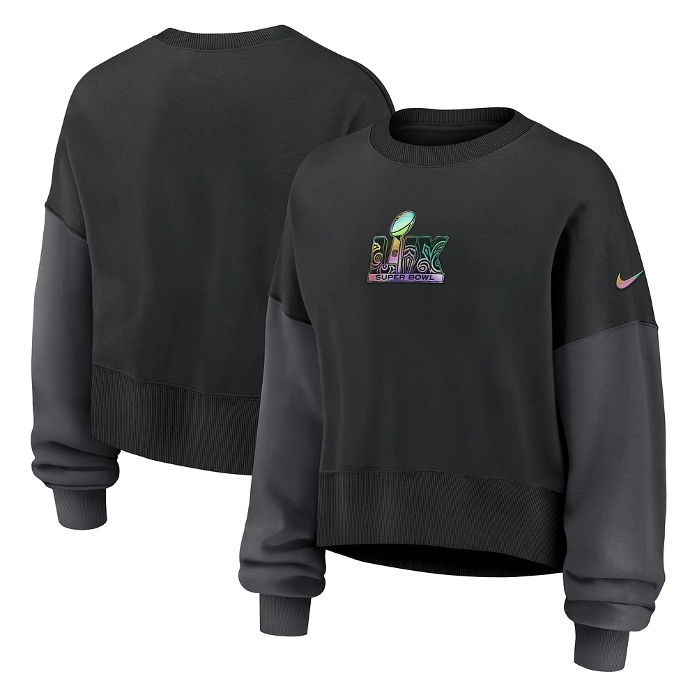 Women's Nike Black 2025 Super Bowl LIX Oversized Long Sleeve Cropped Pullover Sweatshirt