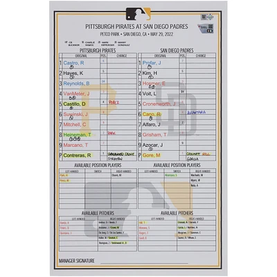 Pittsburgh Pirates Game-Used Lineup Card vs. San Diego Padres on May 29, 2022