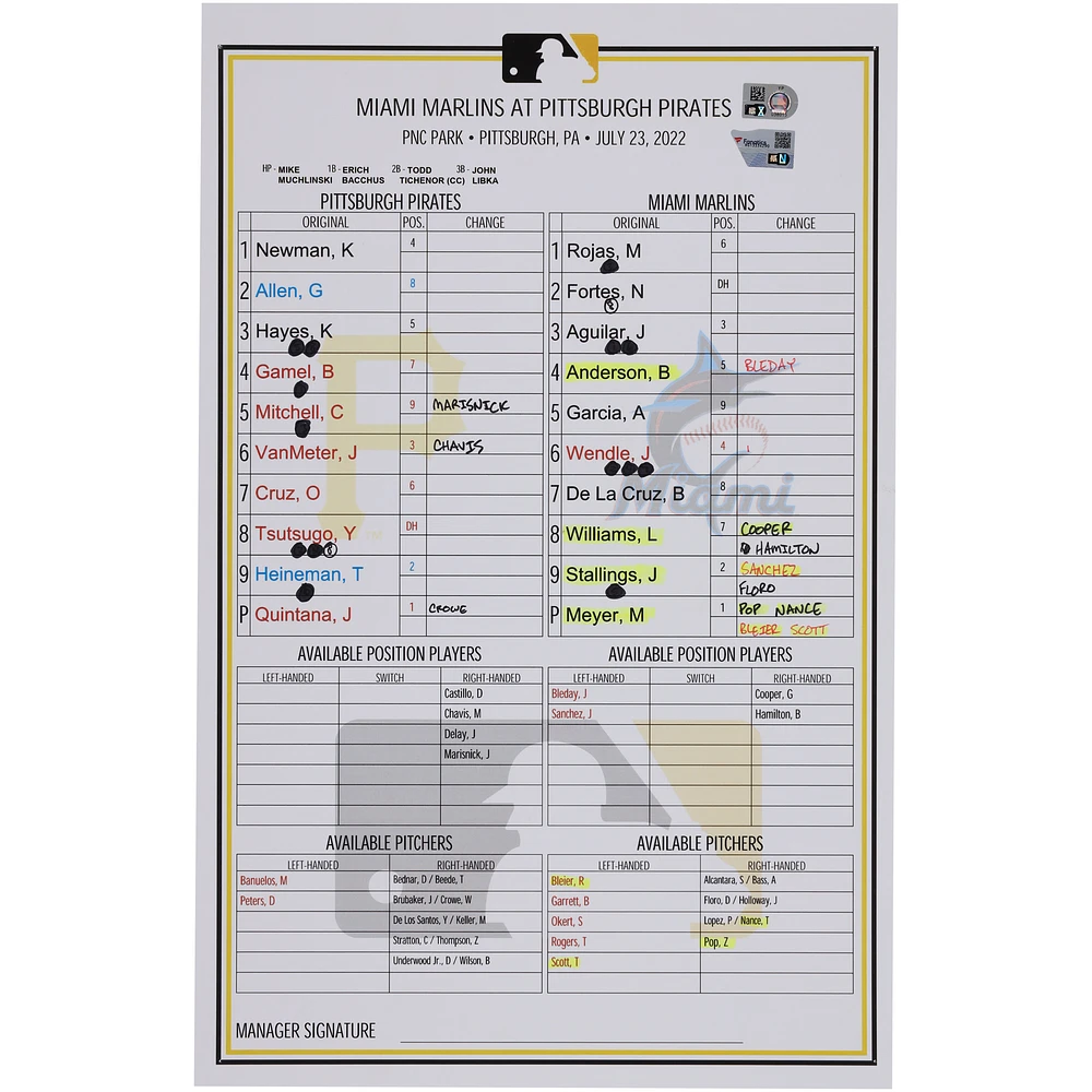 Pittsburgh Pirates Game-Used Lineup Card vs. Miami Marlins on July 23, 2022
