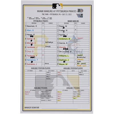 Pittsburgh Pirates Game-Used Lineup Card vs. Miami Marlins on July 23, 2022