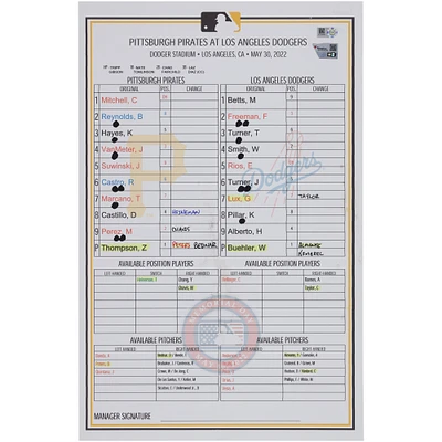 Pittsburgh Pirates Game-Used Lineup Card vs. Los Angeles Dodgers on May 30, 2022