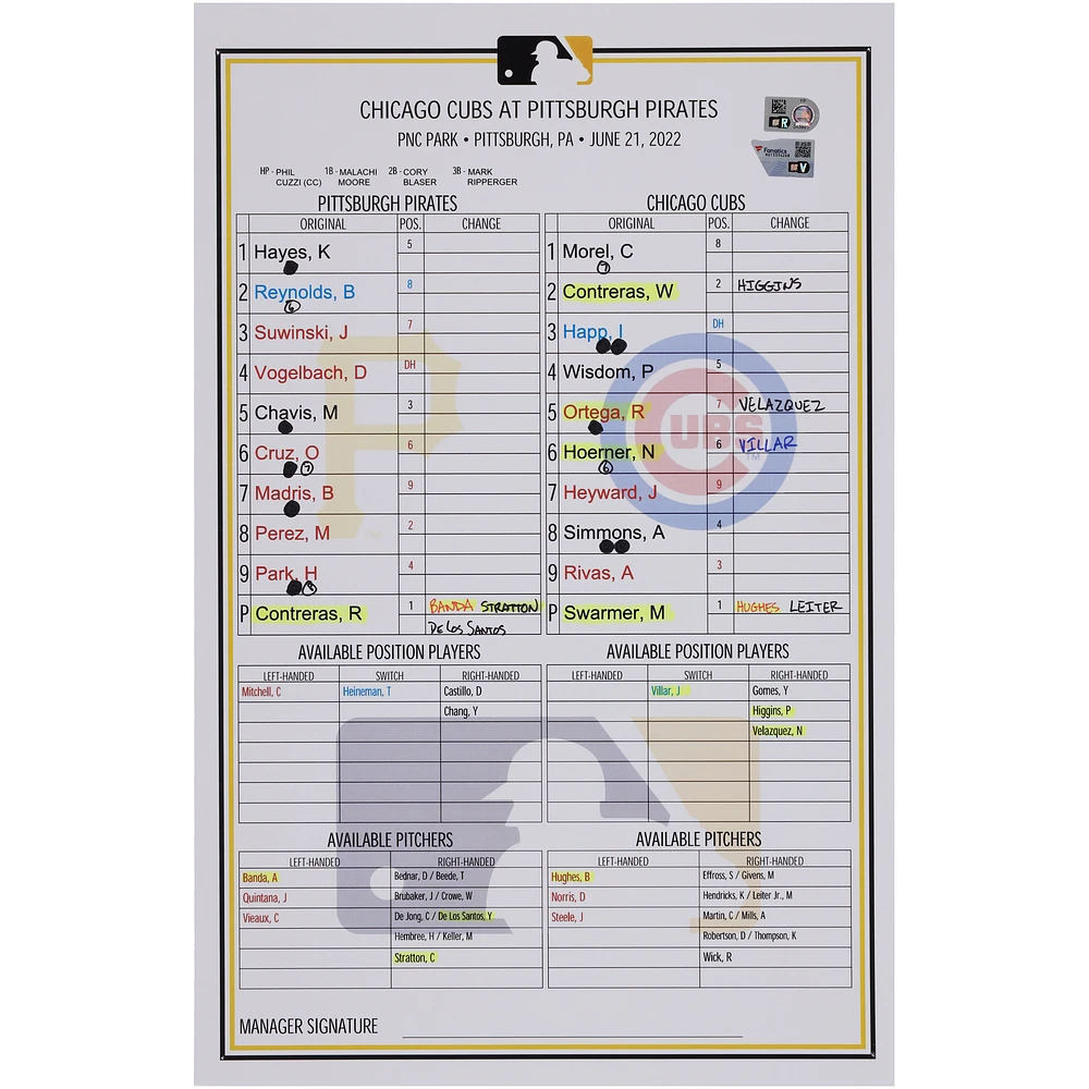 Pittsburgh Pirates Game-Used Lineup Card vs. Chicago Cubs on June 21, 2022