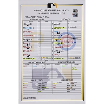 Pittsburgh Pirates Game-Used Lineup Card vs. Chicago Cubs on June 21, 2022