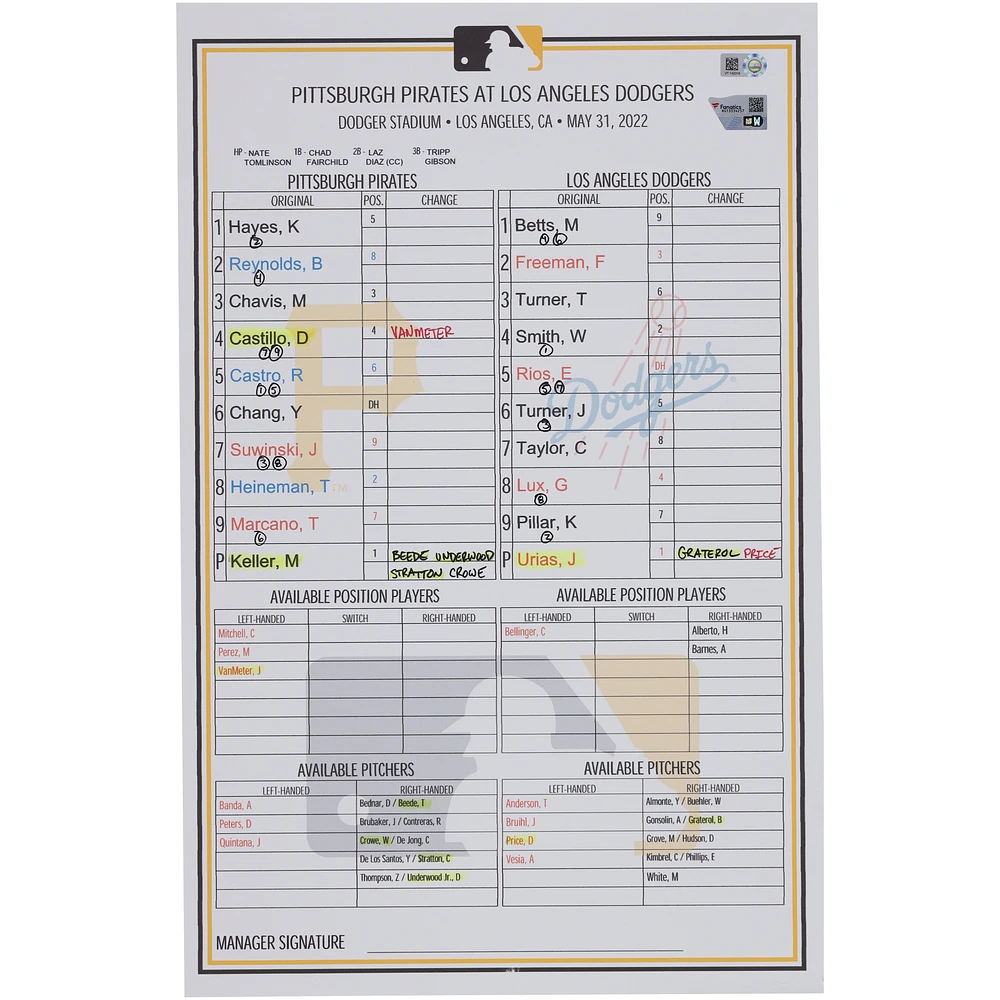 Pittsburgh Pirates Game-Used Lineup Card vs. Los Angeles Dodgers on May 31, 2022