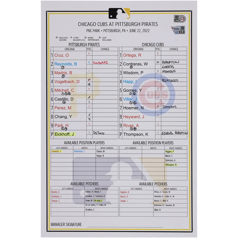 Pittsburgh Pirates Game-Used Lineup Card vs. Chicago Cubs on June 22, 2022