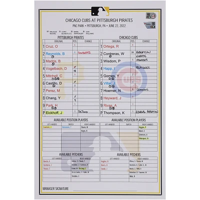 Pittsburgh Pirates Game-Used Lineup Card vs. Chicago Cubs on June 22, 2022